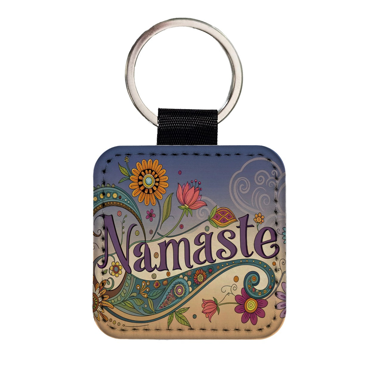 Namaste Yoga Hippie Flower Power Square Faux Leather Keychain