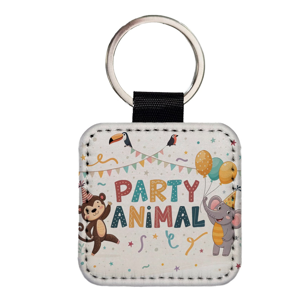 Party Animal Cute Funny Monkey Elephant Square Faux Leather Keychain