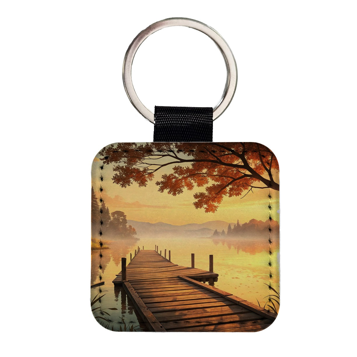 Autumn Lake Dock Sunset Square Faux Leather Keychain