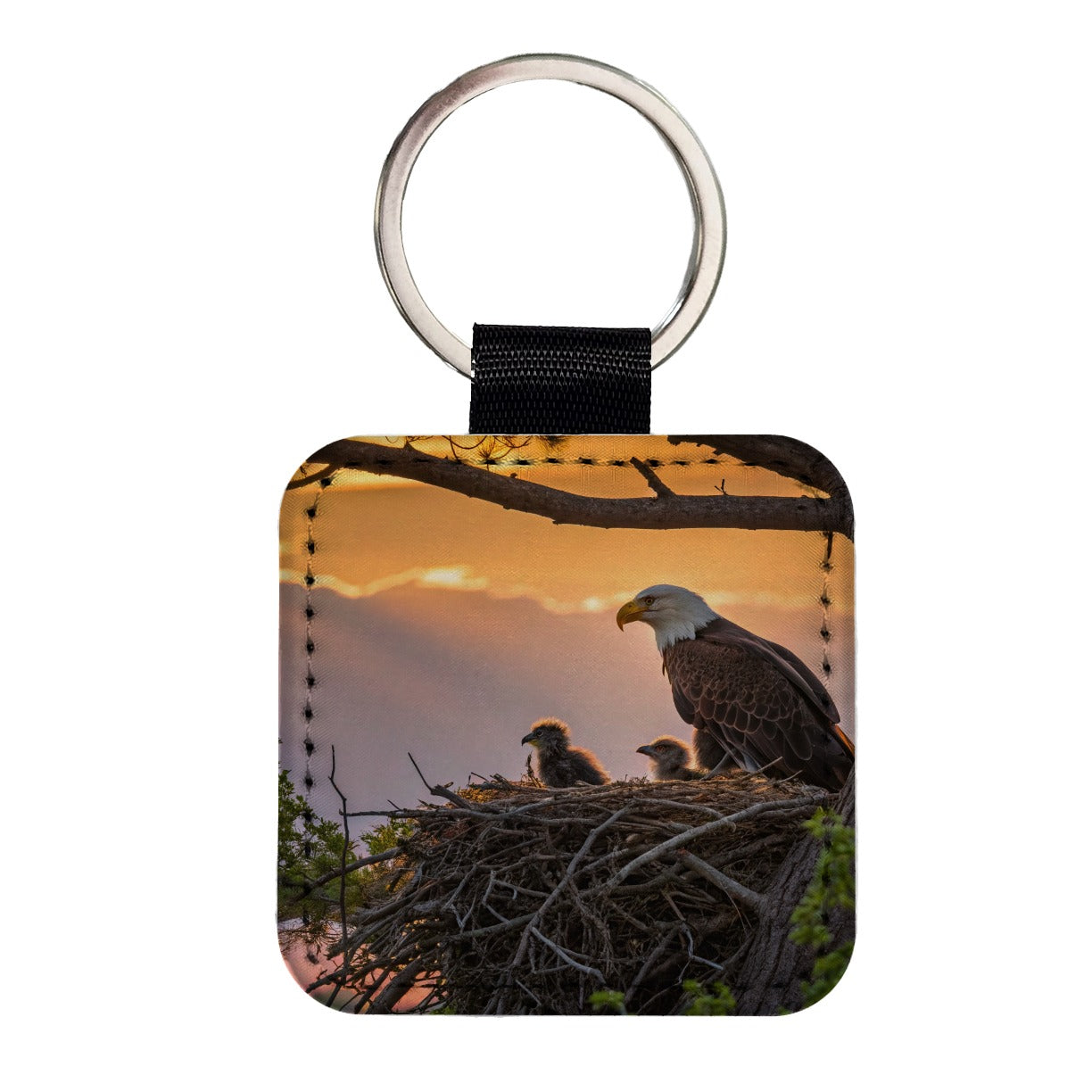 Bald Eagle Babies In Nest Sunset Square Faux Leather Keychain