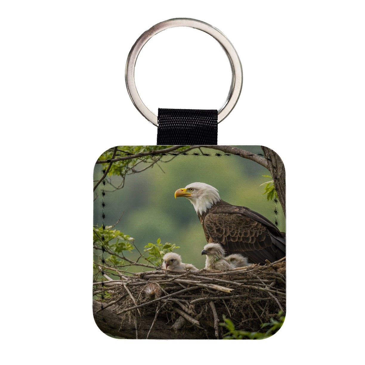 Bald Eagle Babies In Nest Square Faux Leather Keychain