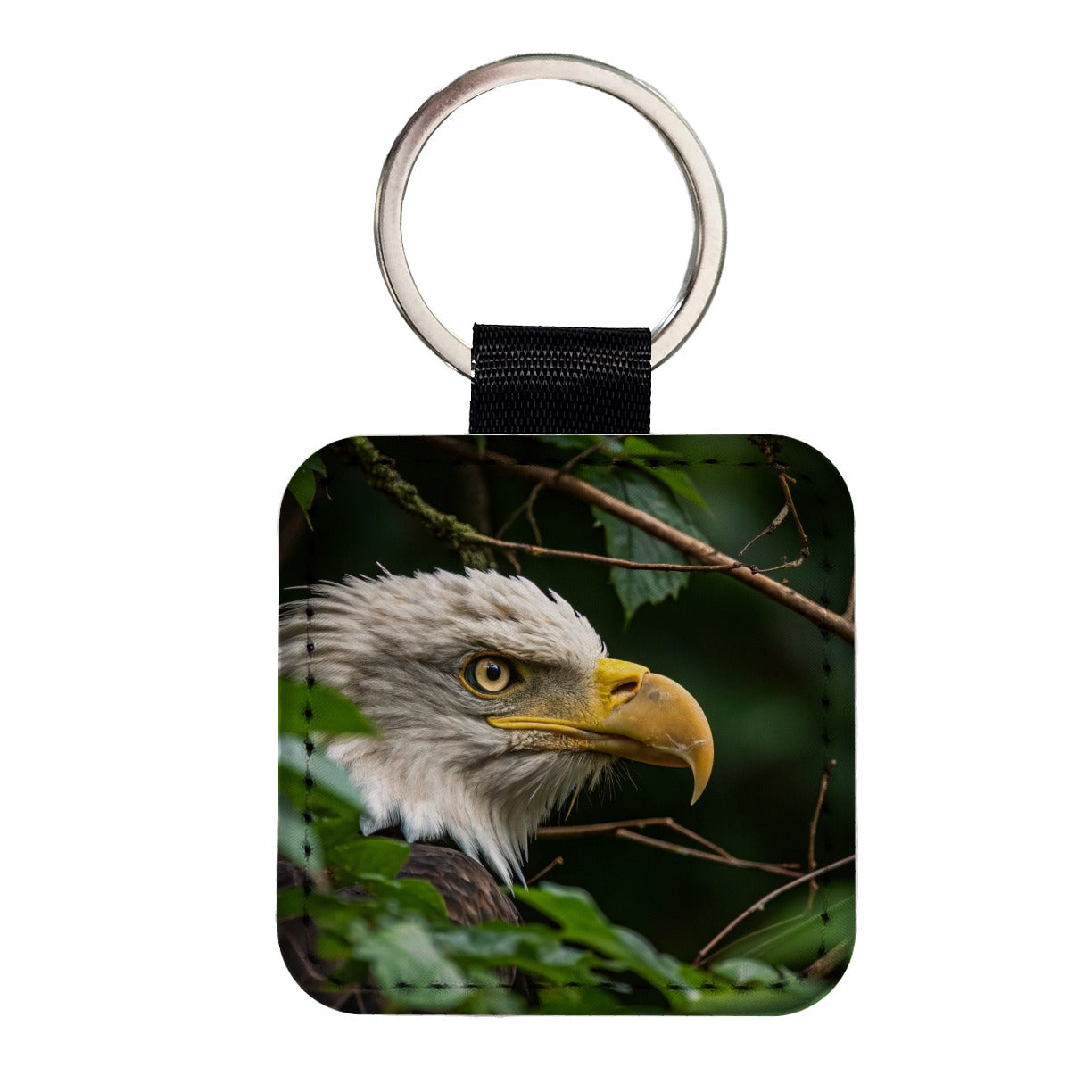 Bald Eagle Wildlife Portrait Square Faux Leather Keychain