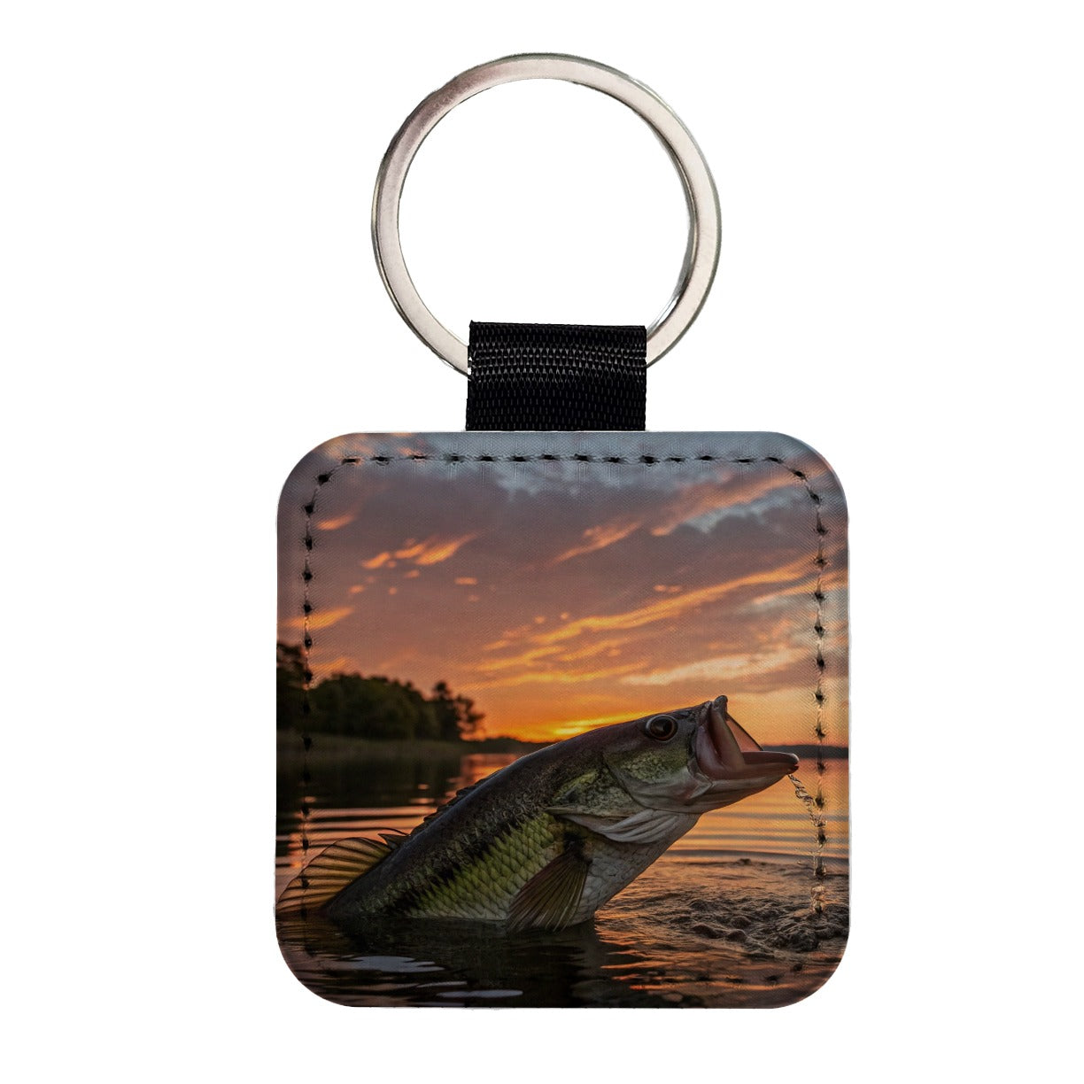 Bass Fish Fishing Sunset Square Faux Leather Keychain