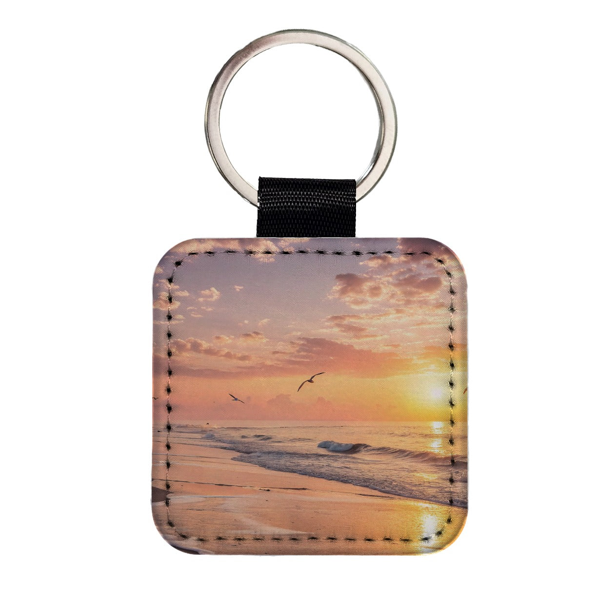 Beach Sunrise Ocean Square Faux Leather Keychain