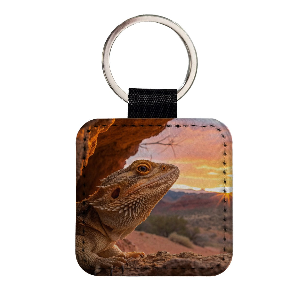 Bearded Dragon At Sunset Square Faux Leather Keychain