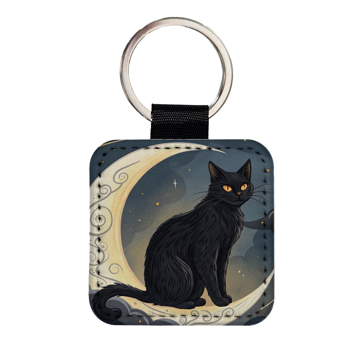 Black Cat Tarot Moon Square Faux Leather Keychain