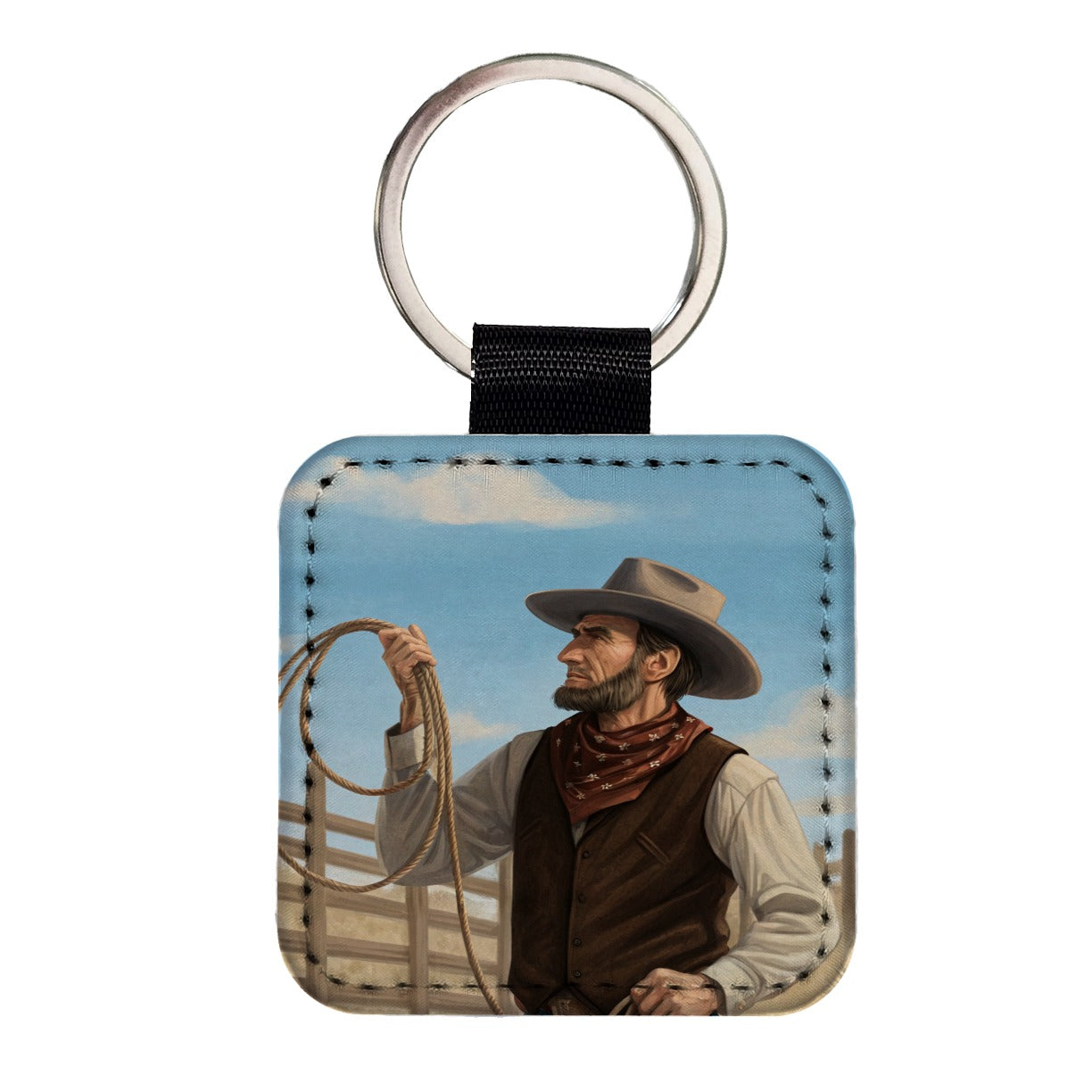 Cowboy Abraham Lincoln Square Faux Leather Keychain
