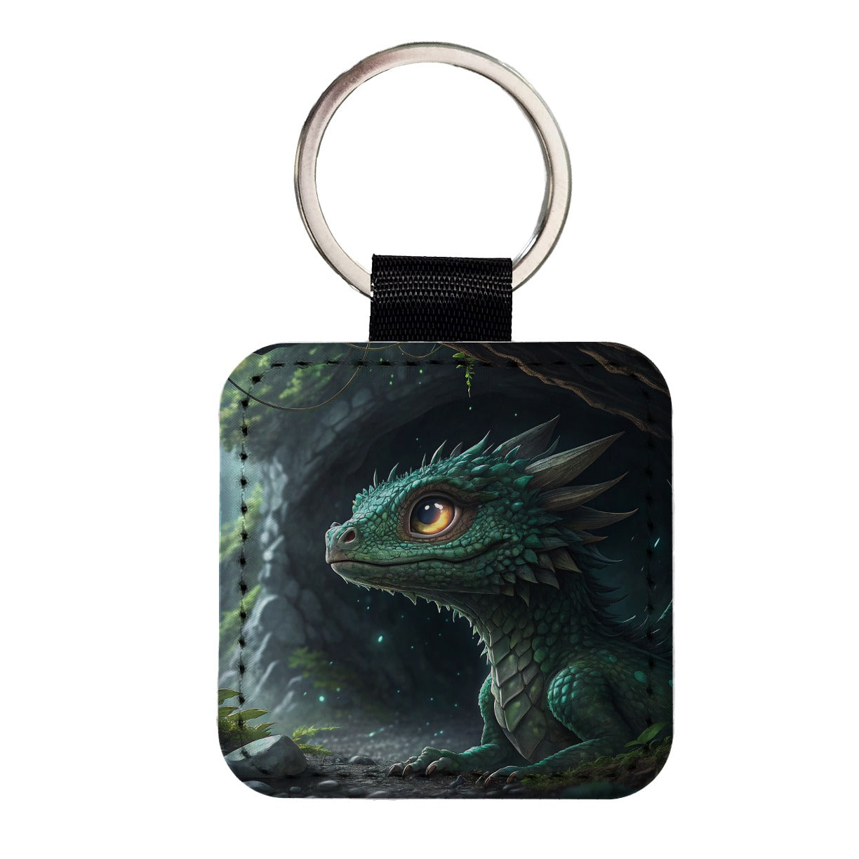 Fantasy Dragon Cave Scene Square Faux Leather Keychain