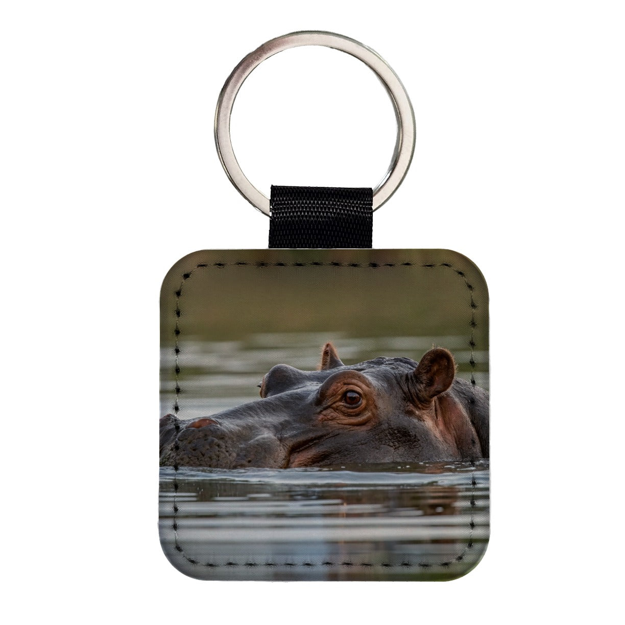 Hippo River Safari Wildlife Africa Square Faux Leather Keychain