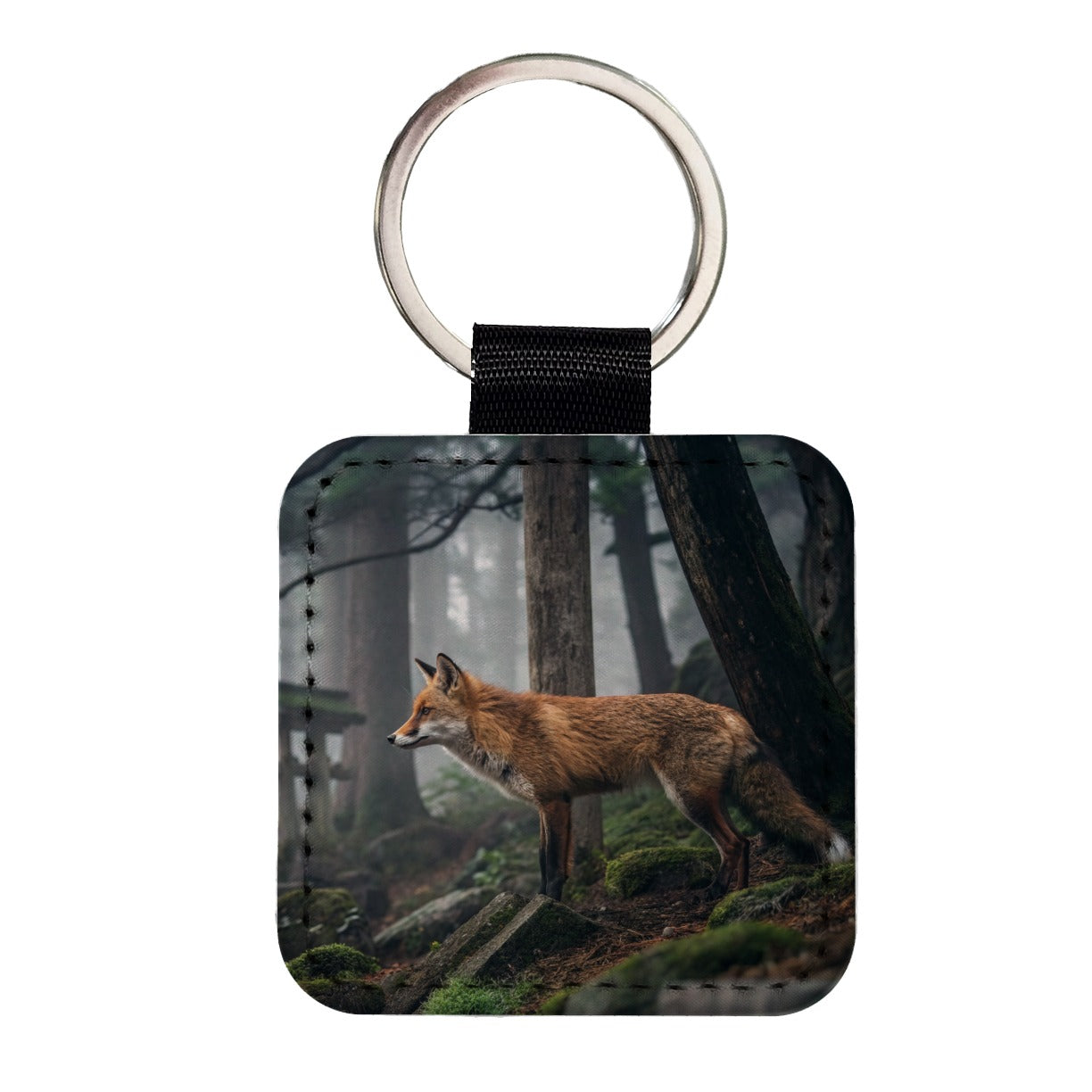 Japanese Fox Woodland Square Faux Leather Keychain