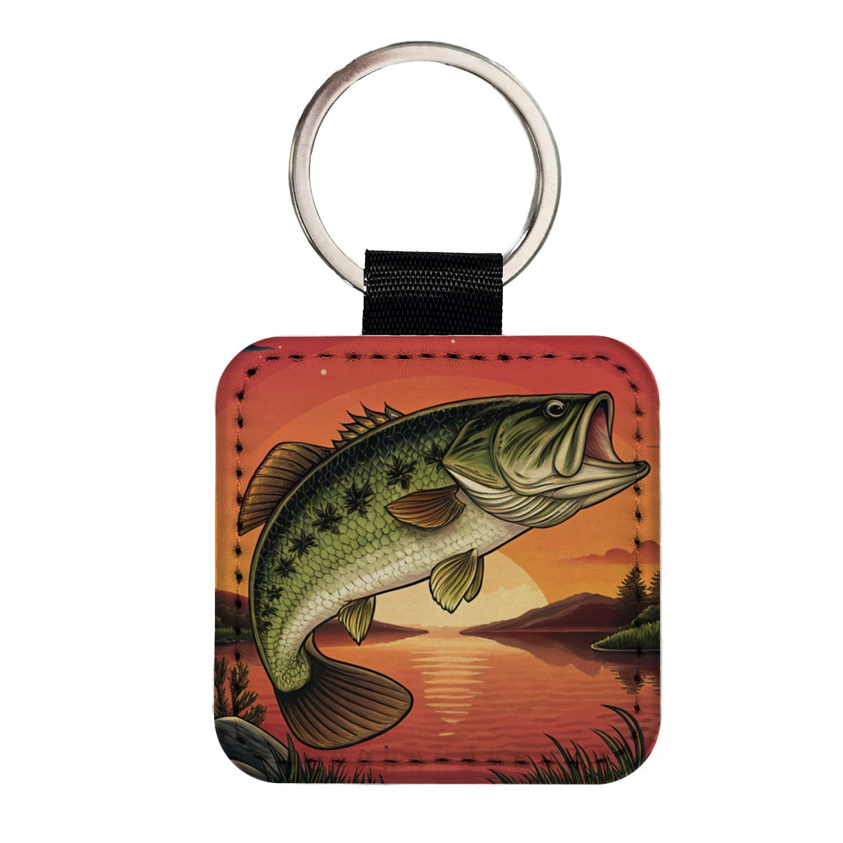 Largemouth Bass Trophy Fishing Sunset Square Faux Leather Keychain