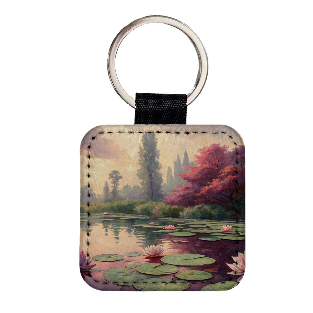 Monet Inspired Water Lilies Square Faux Leather Keychain