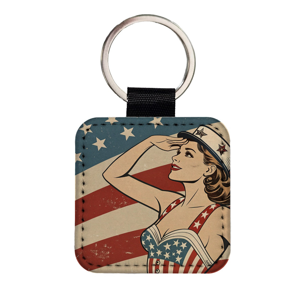 Retro Patriotic Sailor Pinup USA America Square Faux Leather Keychain