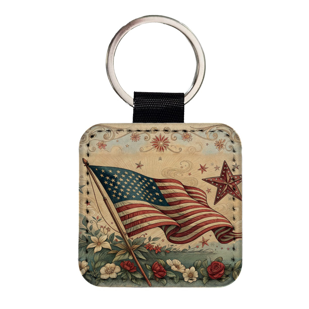 Vintage USA Flag Stars Patriotic Square Faux Leather Keychain