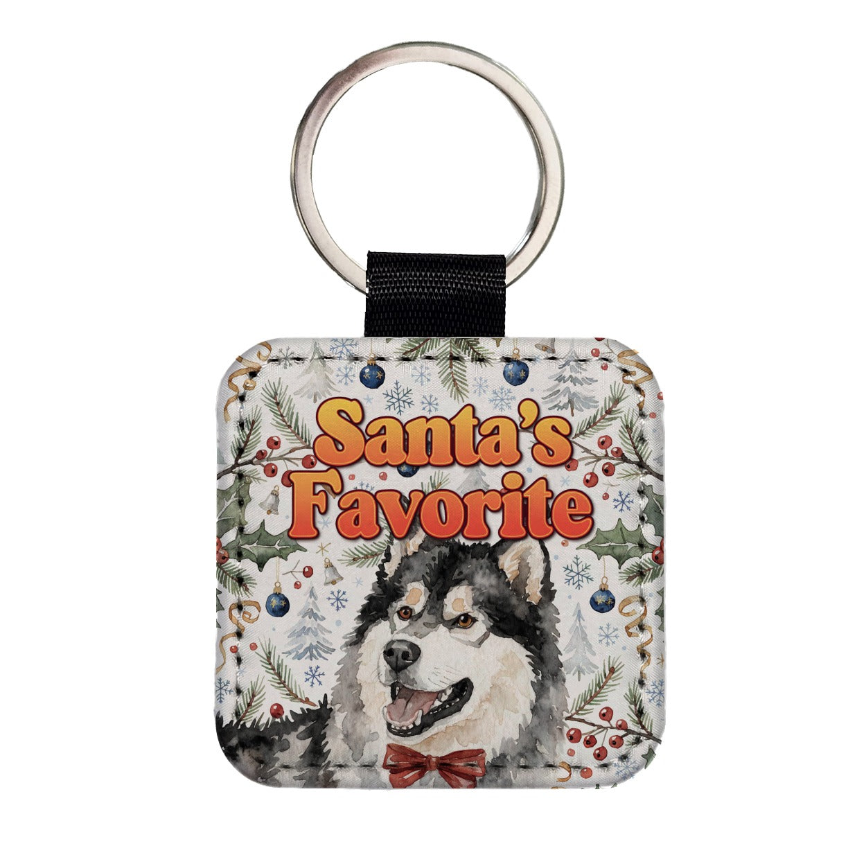 Alaskan Malamute Dog Christmas Santa's Favorite Square Faux Leather Keychain