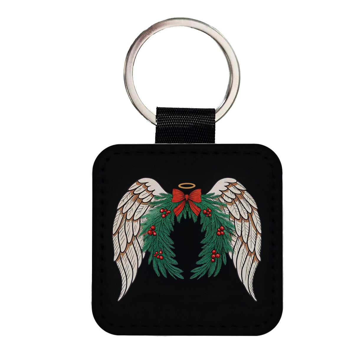 Angel Wings Christmas Square Faux Leather Keychain