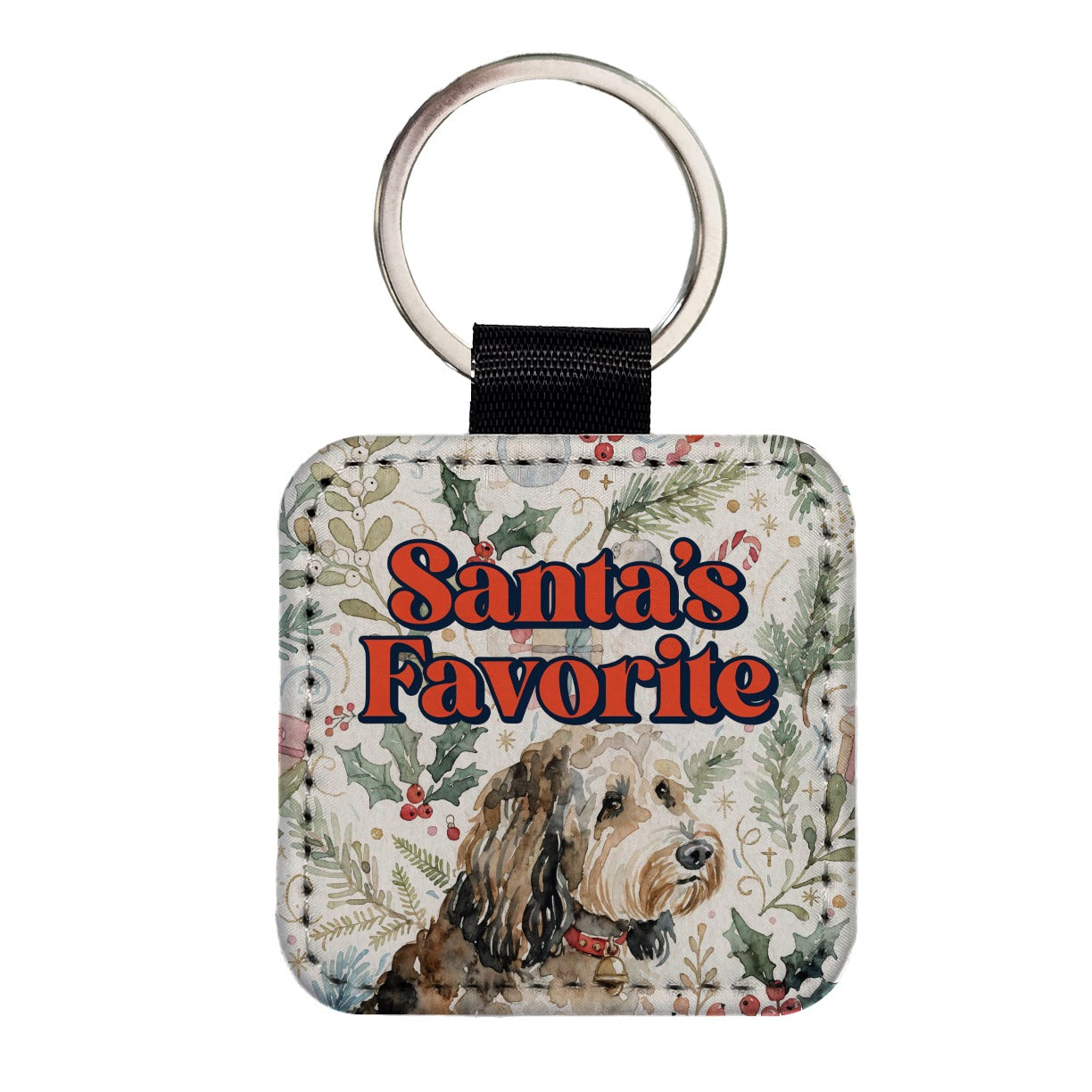 Aussiedoodle Dog Christmas Santa's Favorite Square Faux Leather Keychain