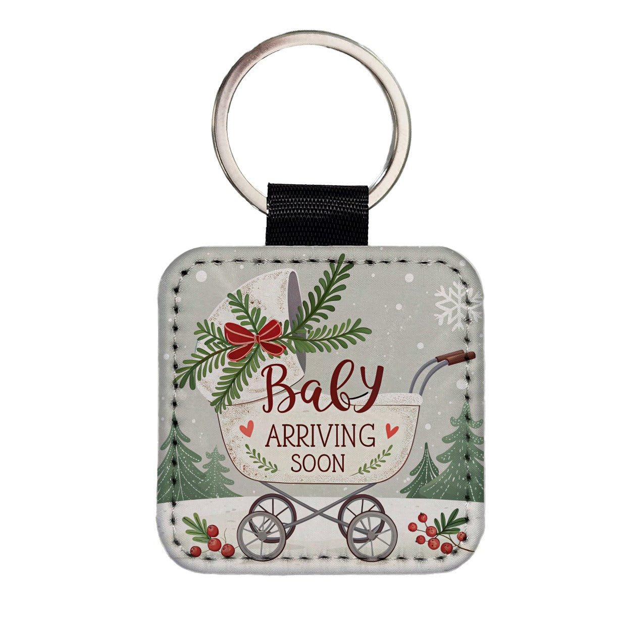 Baby Arriving Soon Christmas Stroller Square Faux Leather Keychain