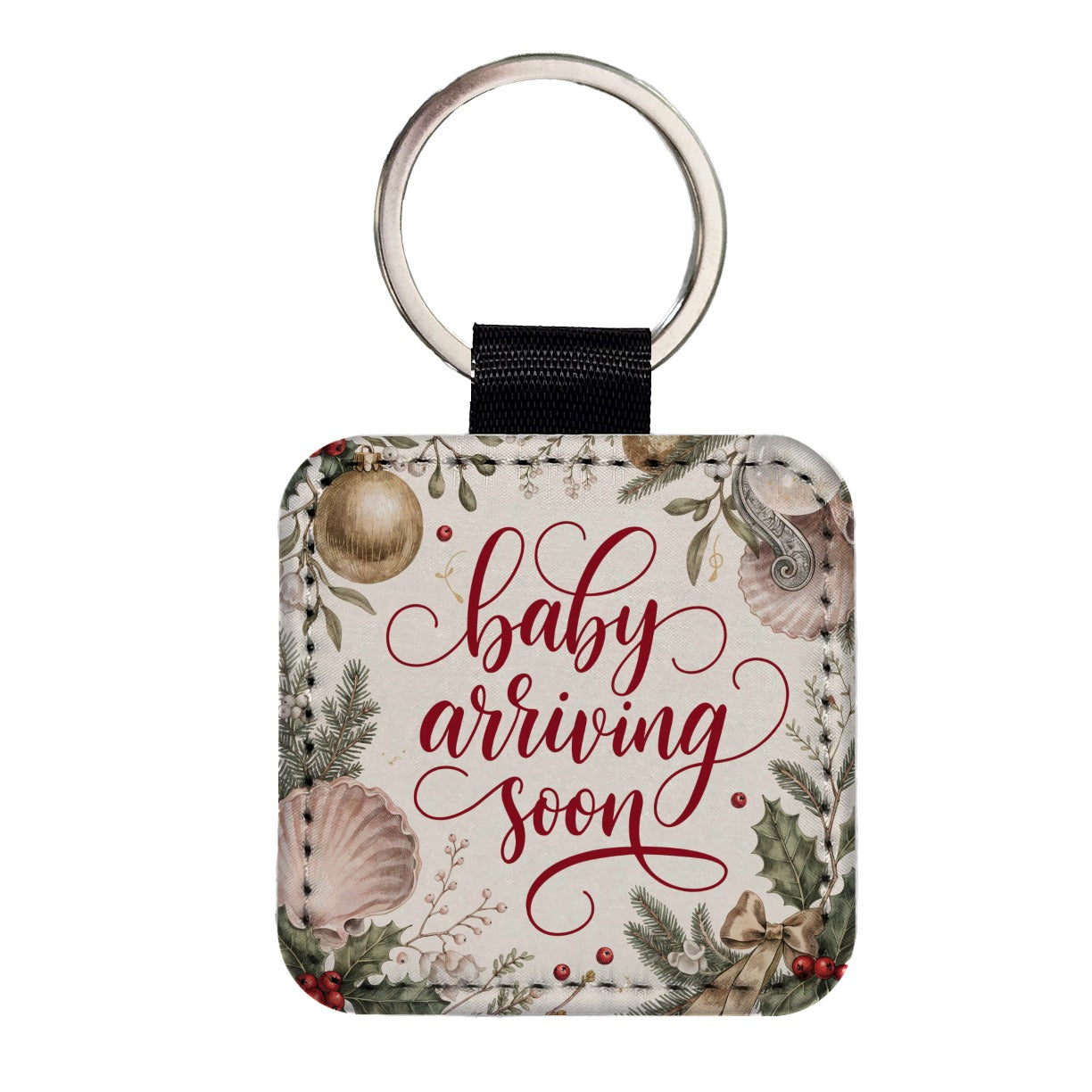 Baby Arriving Soon Christmas Square Faux Leather Keychain