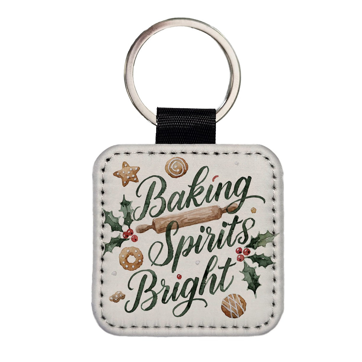 Baking Spirits Bright Christmas Square Faux Leather Keychain