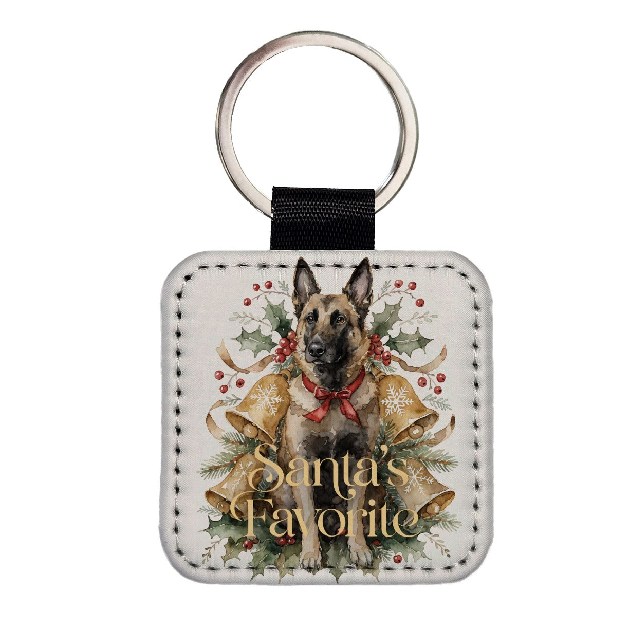 Belgian Malinois Dog Sitting Christmas Santa's Favorite Square Faux Leather Keychain