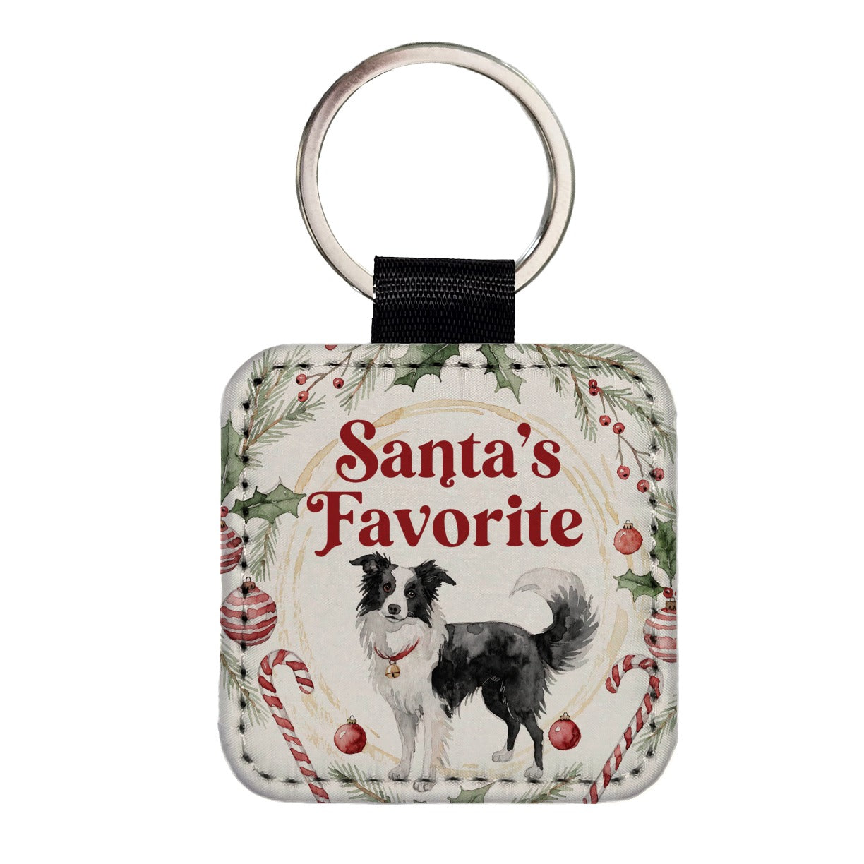 Border Collie Dog Christmas Santa's Favorite Square Faux Leather Keychain