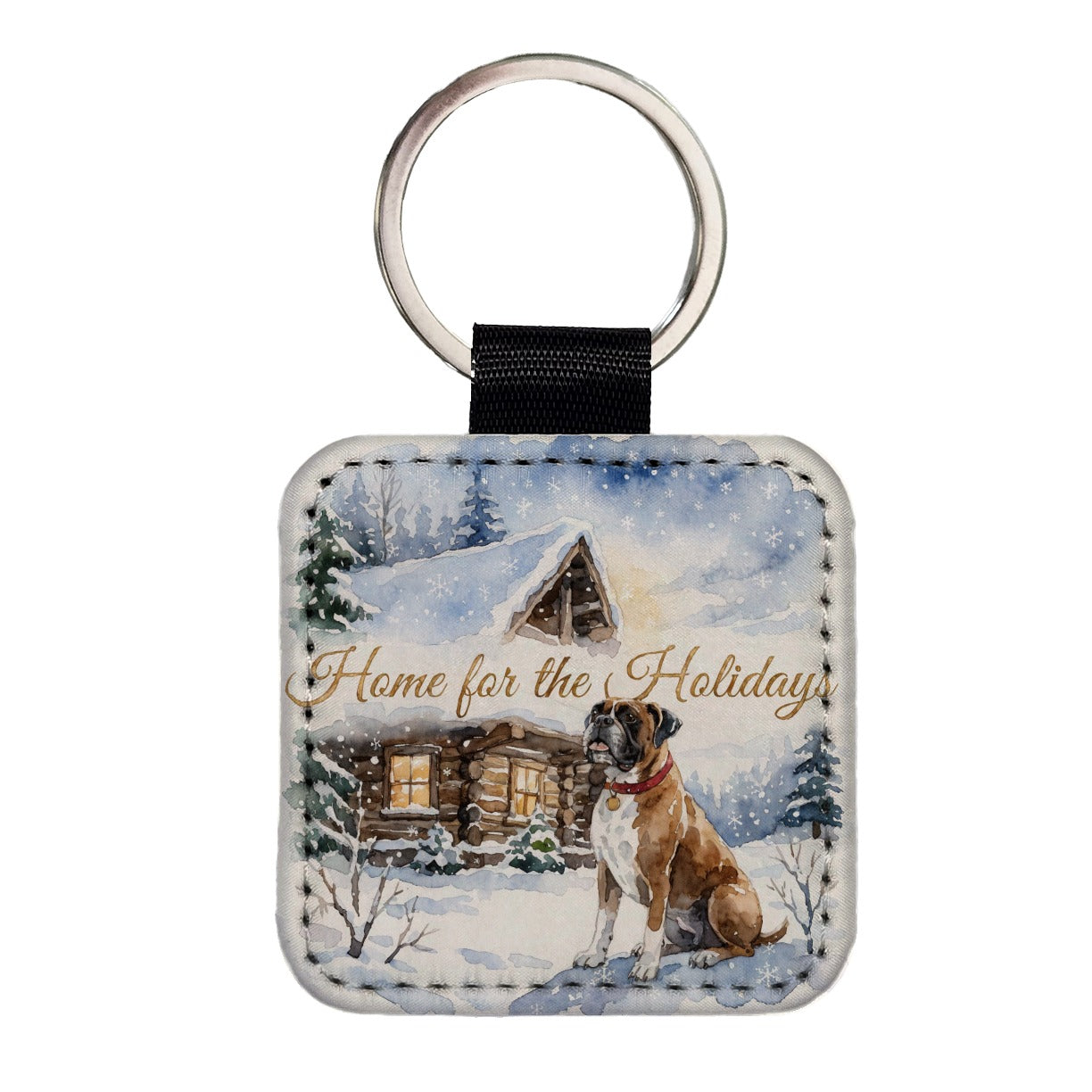 Boxer Dog Home For Holidays Christmas Square Faux Leather Keychain