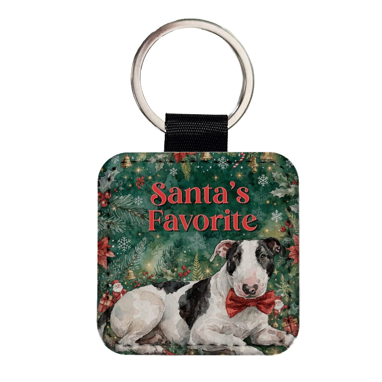 Bull Terrier Dog Christmas Santa's Favorite Square Faux Leather Keychain