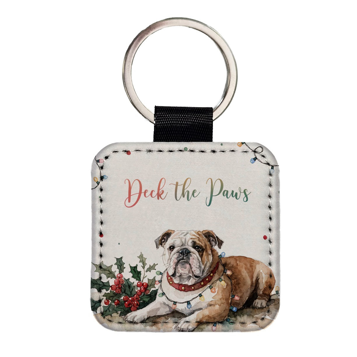 Bulldog Deck The Paws Christmas Square Faux Leather Keychain