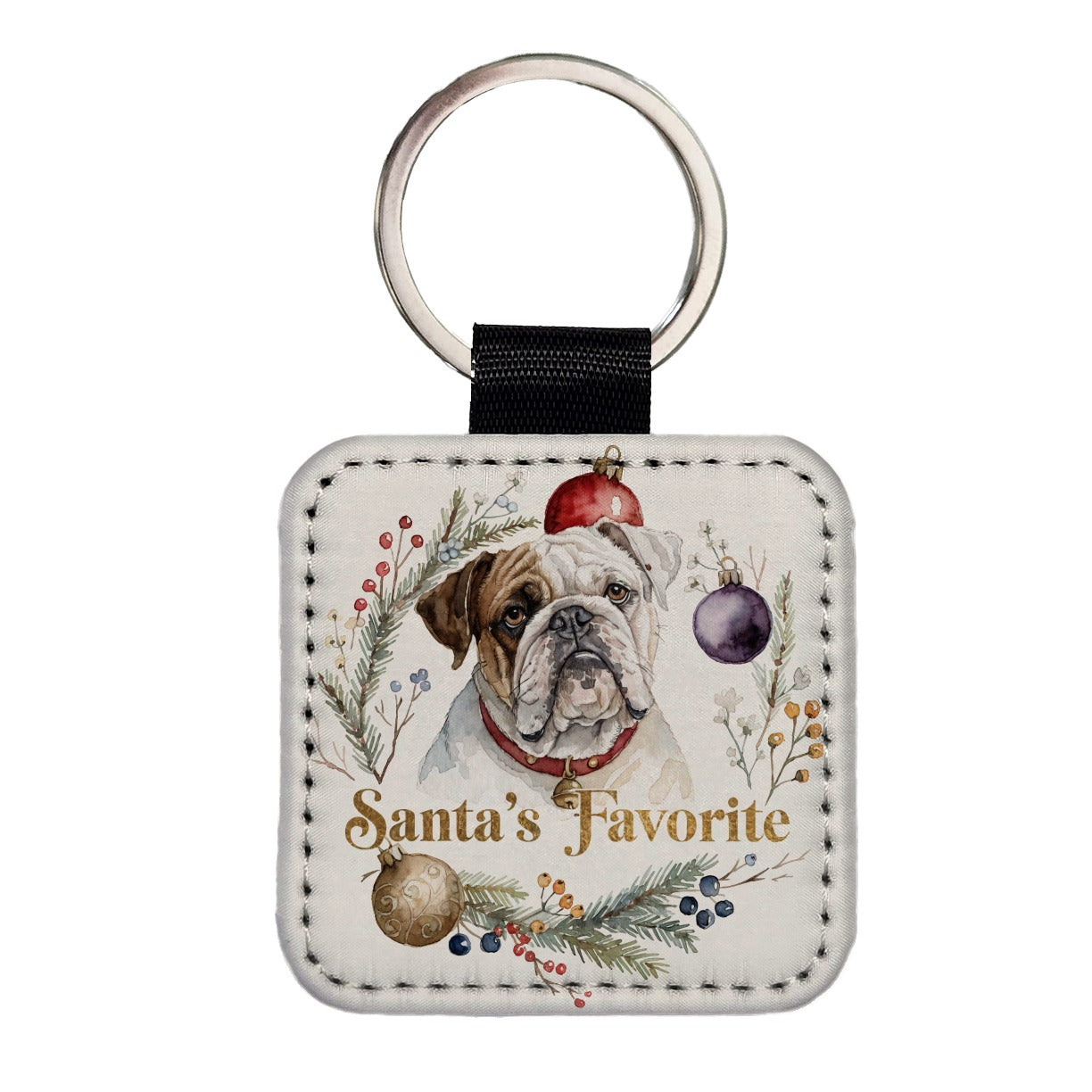 Bulldog Dog Christmas Santa's Favorite Square Faux Leather Keychain