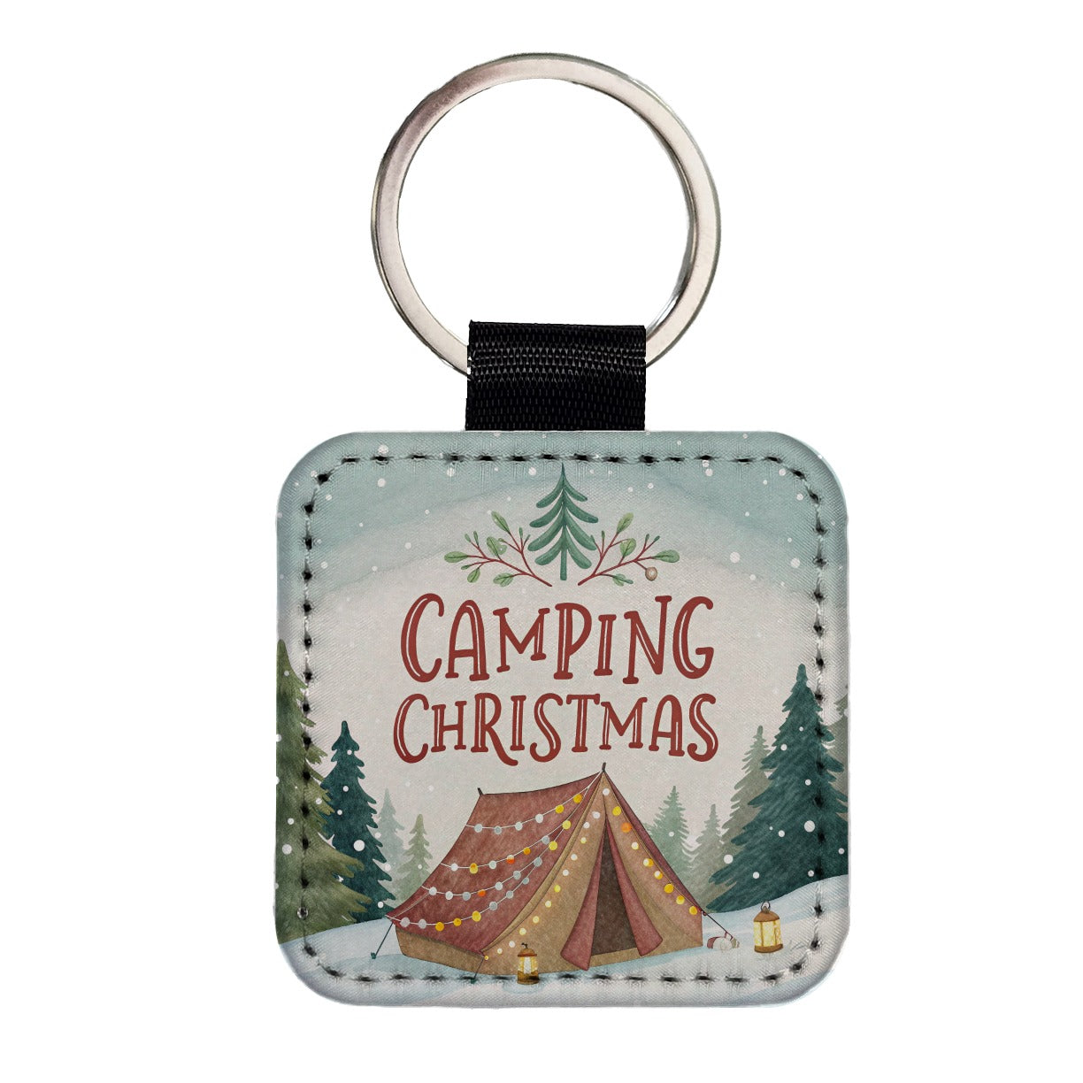 Camping Christmas Tent Square Faux Leather Keychain