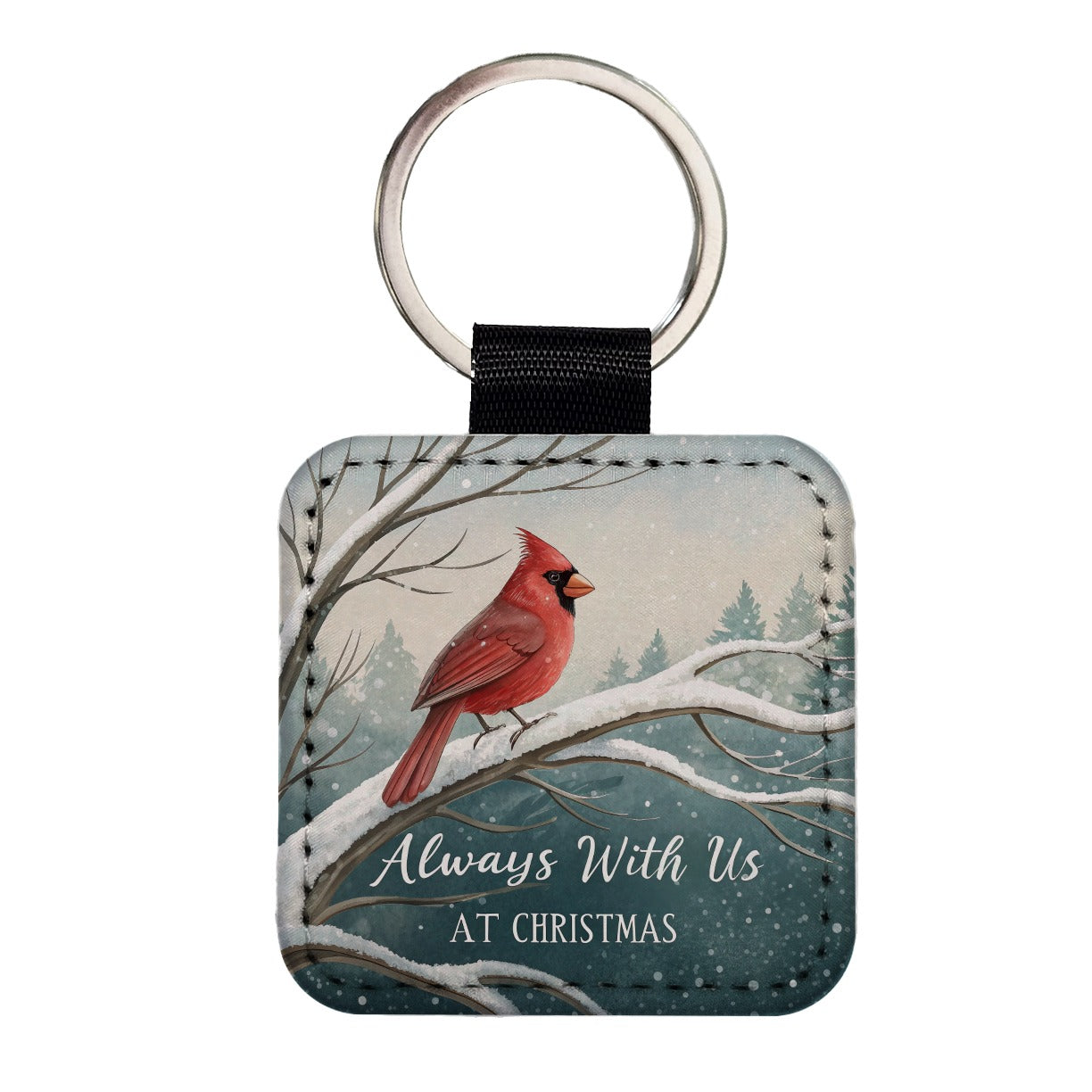 Cardinal Always With Us Christmas Square Faux Leather Keychain