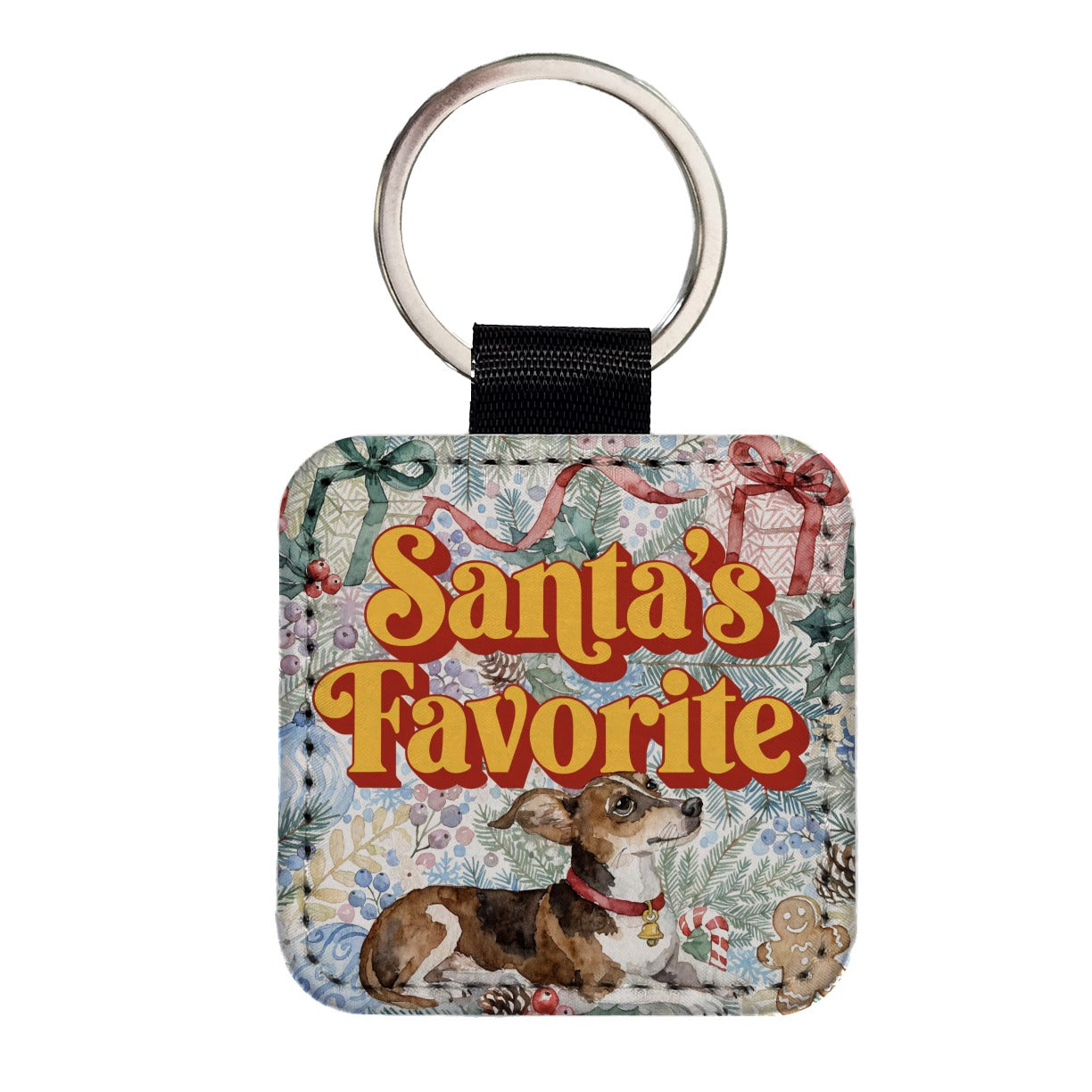 Chiweenie Dog Christmas Santa's Favorite Square Faux Leather Keychain