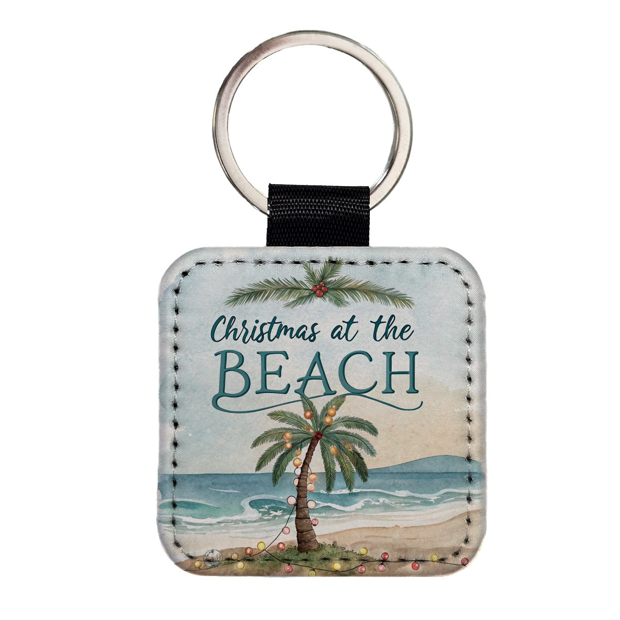 Christmas At The Beach Ocean Palm Tree Square Faux Leather Keychain