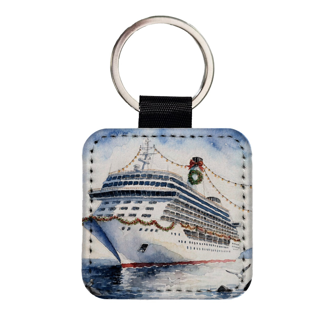 Christmas Cruise Ship Square Faux Leather Keychain