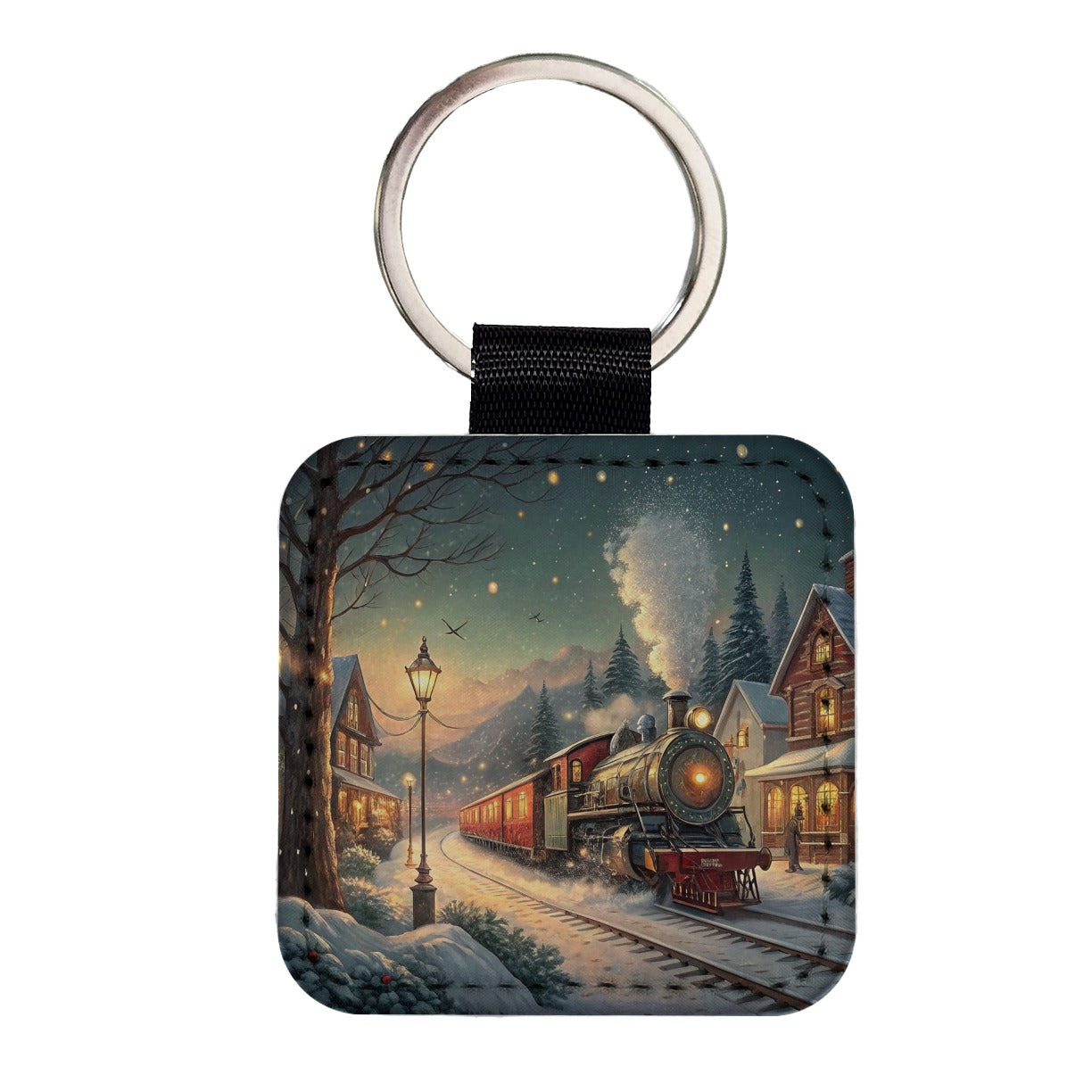 Christmas Train Snowy Village Square Faux Leather Keychain