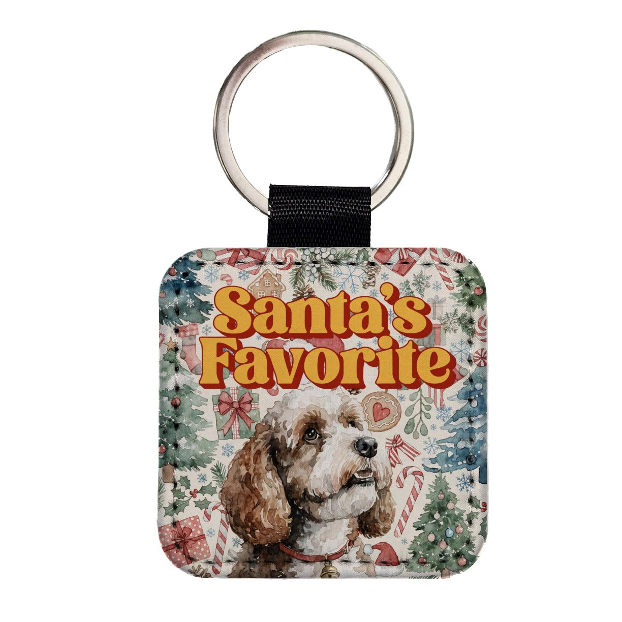 Cockapoo Dog Christmas Santa's Favorite Square Faux Leather Keychain