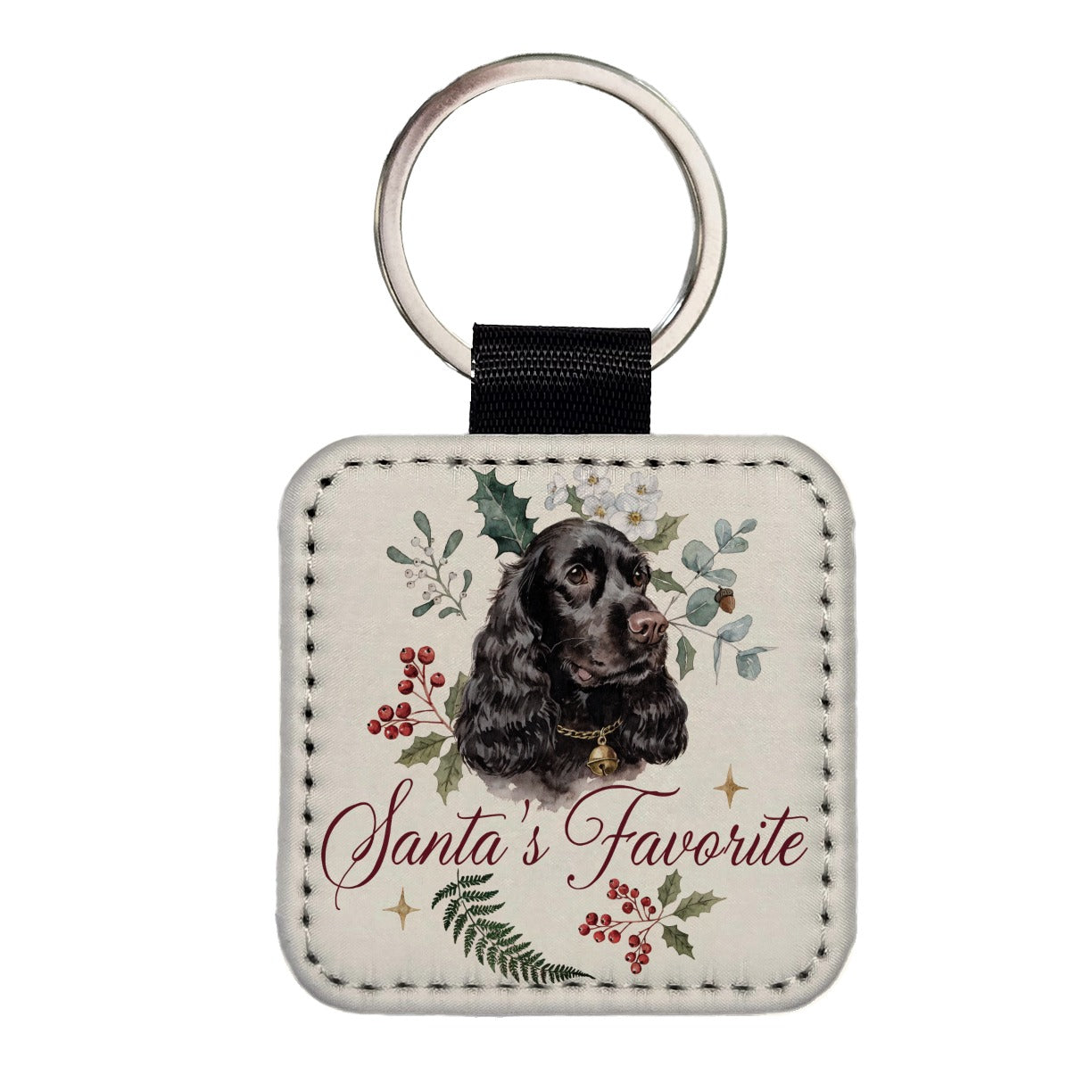 Cocker Spaniel Black Dog Christmas Santa's Favorite Square Faux Leather Keychain