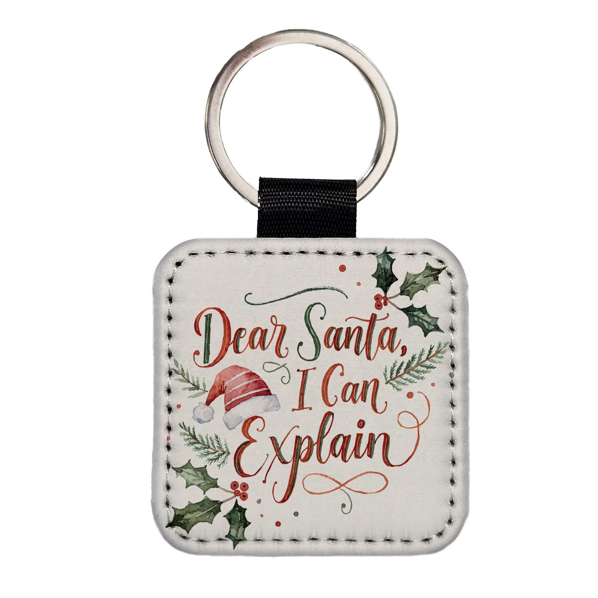 Dear Santa I Can Explain Christmas Funny Script Square Faux Leather Keychain