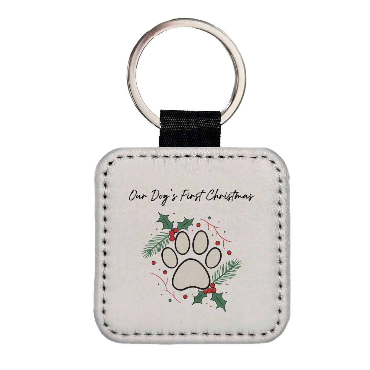 Dog's First Christmas Paw Print Square Faux Leather Keychain