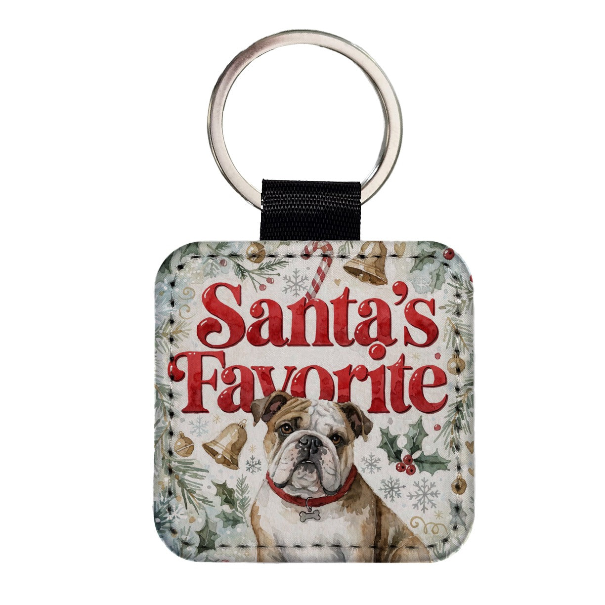 English Bulldog Christmas Santa's Favorite Square Faux Leather Keychain