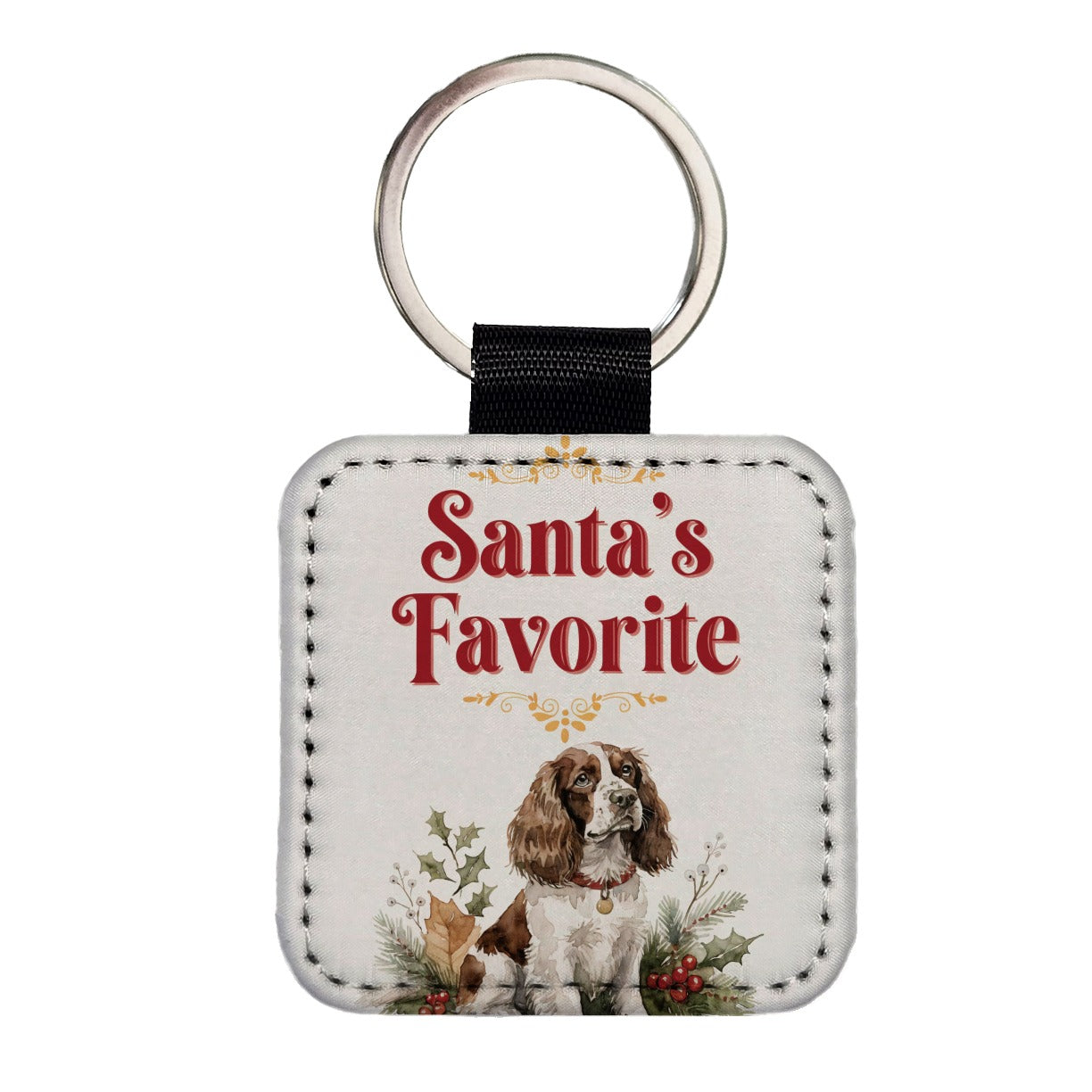 English Springer Spaniel Dog Christmas Santa's Favorite Square Faux Leather Keychain