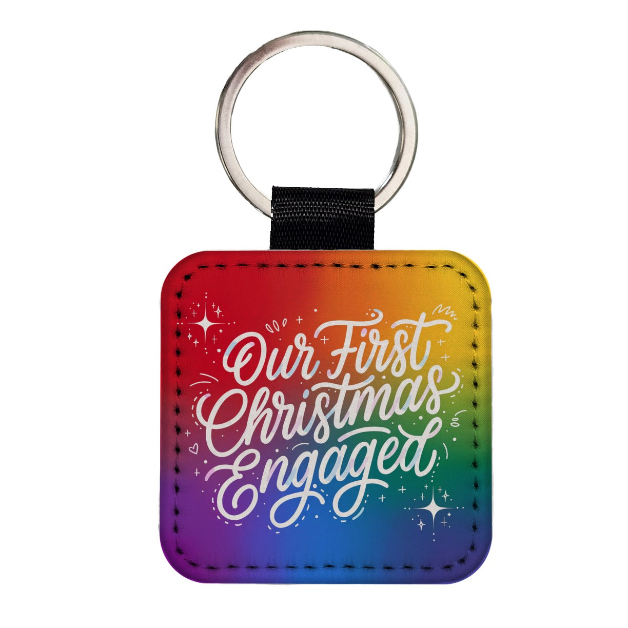 First Christmas Engaged Pride LGBTQ Rainbow Square Faux Leather Keychain