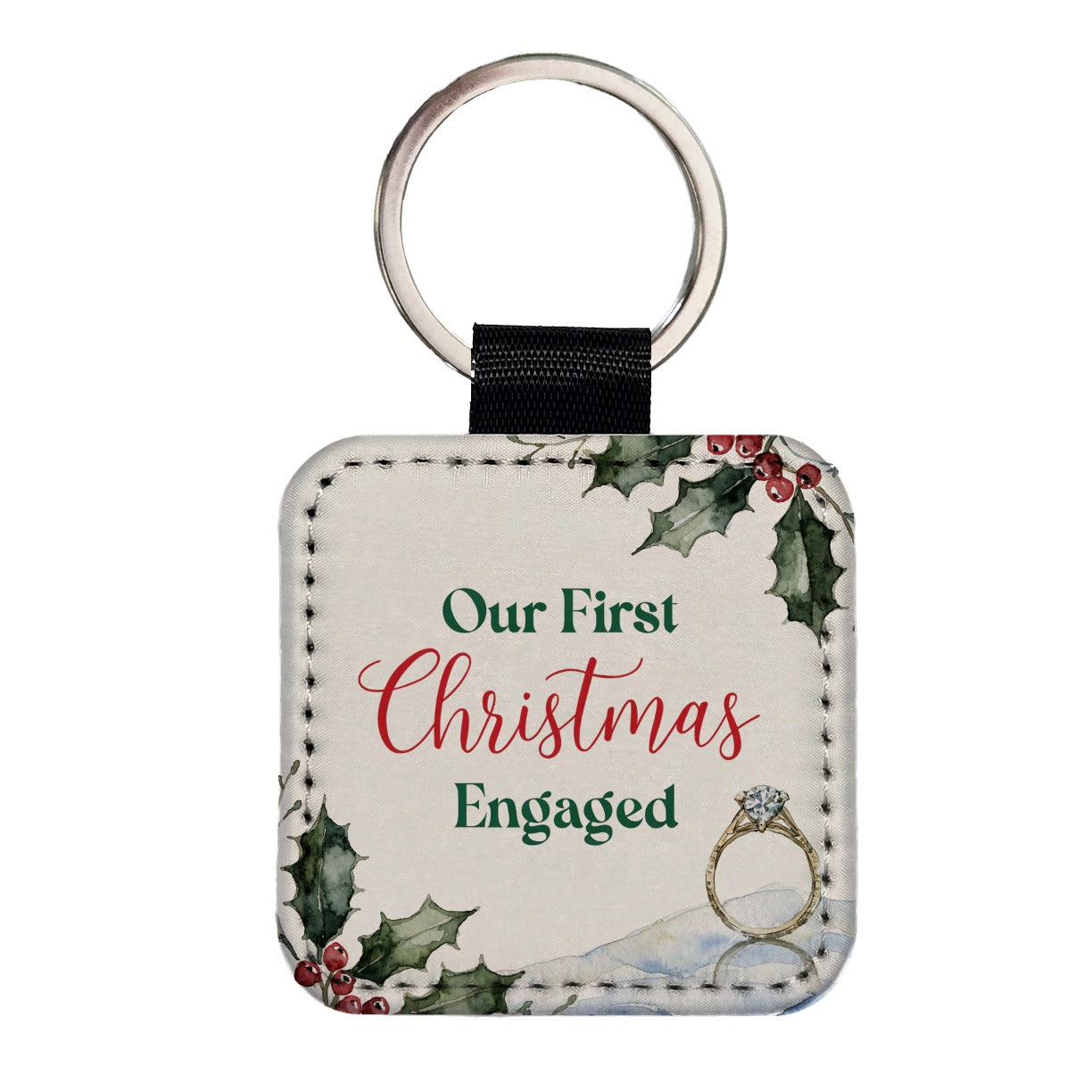 First Christmas Engaged Ring Holly Square Faux Leather Keychain