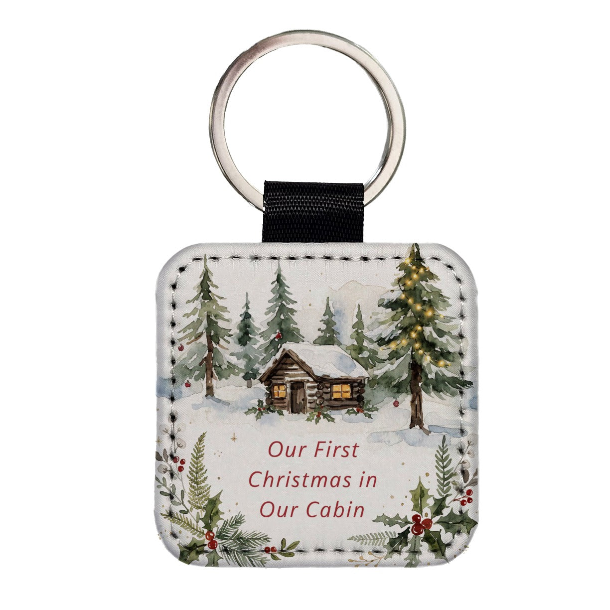 First Christmas In Our Cabin Cute Square Faux Leather Keychain