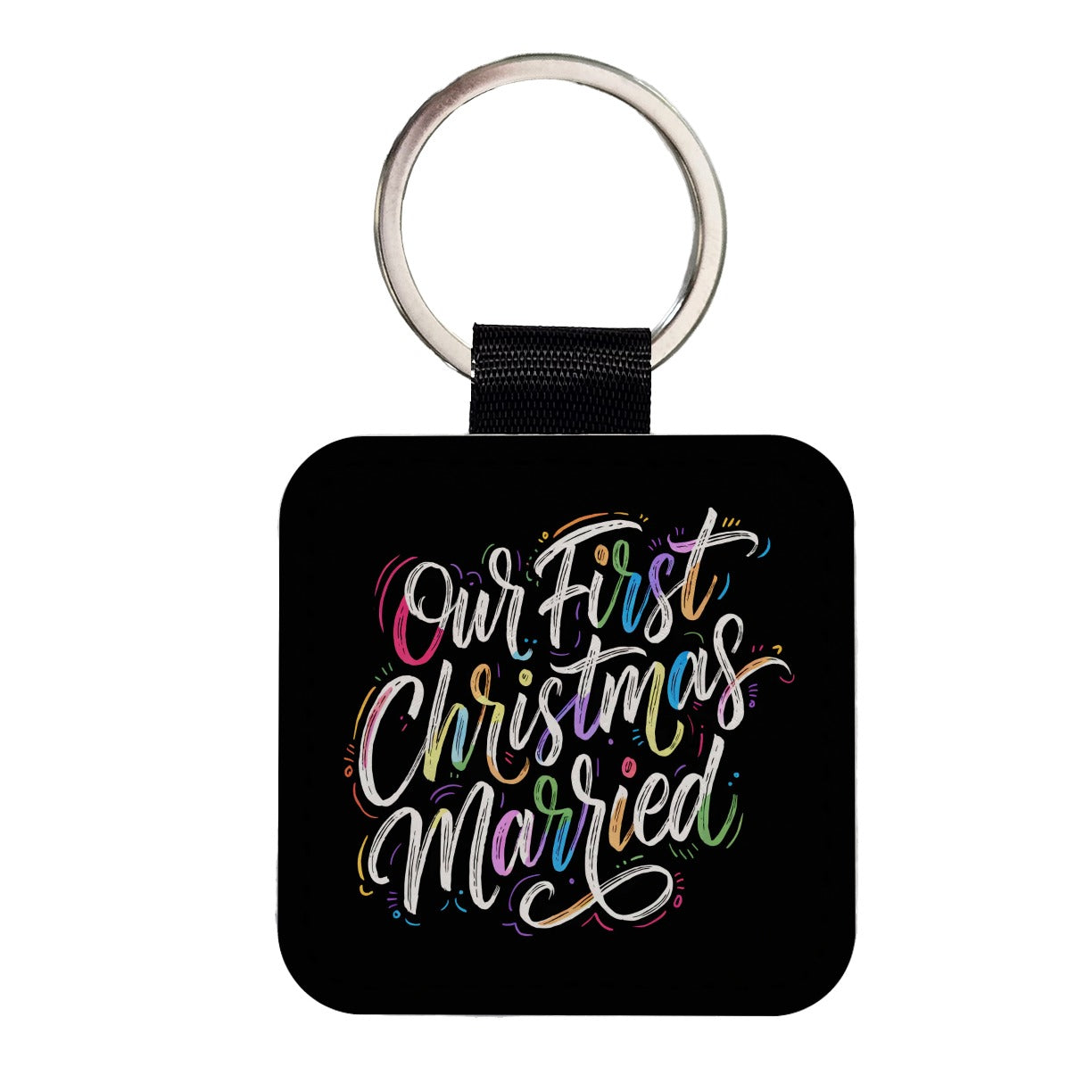 First Christmas Married Elegant Black Square Faux Leather Keychain