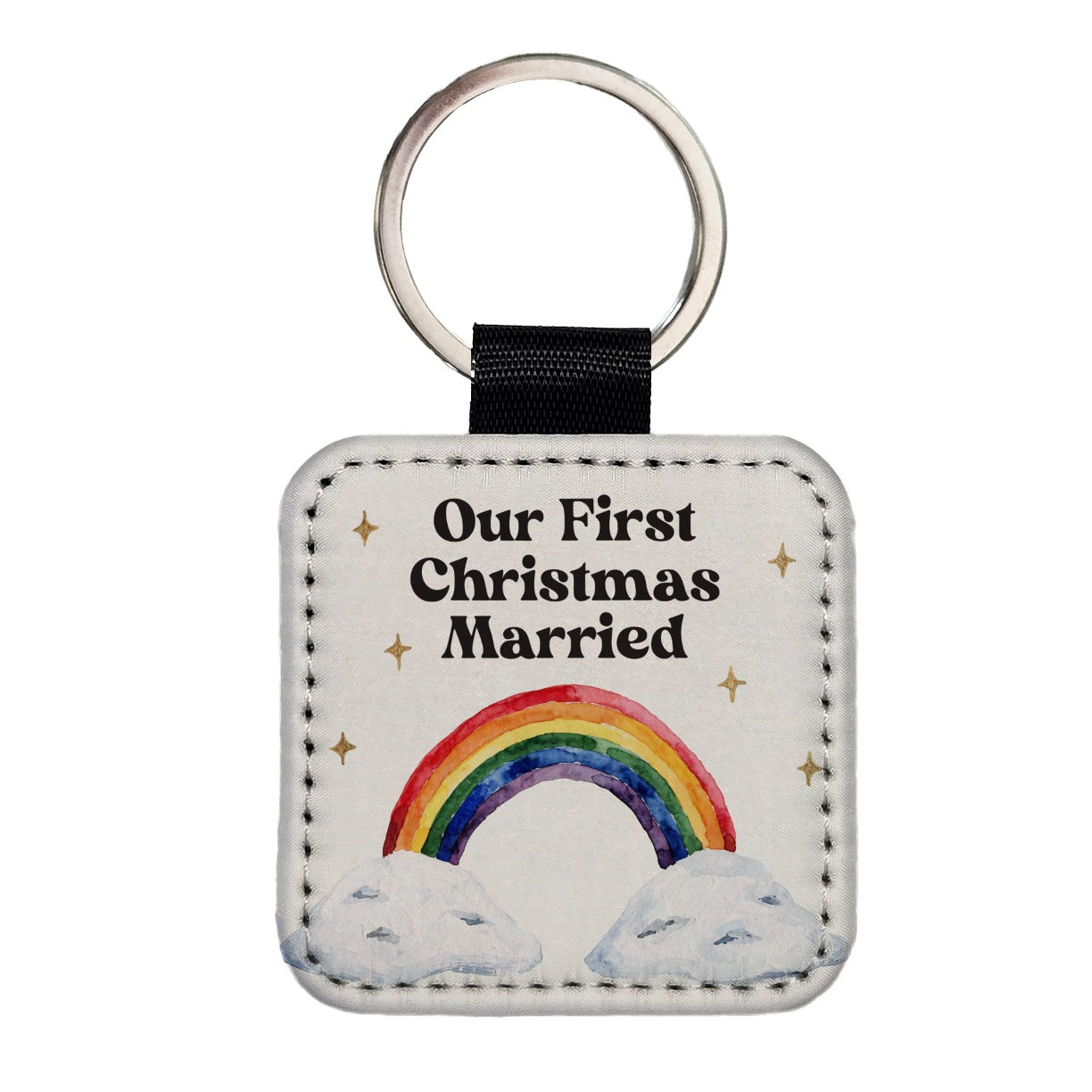 First Christmas Married LGBTQ Pride Rainbow Simple Square Faux Leather Keychain