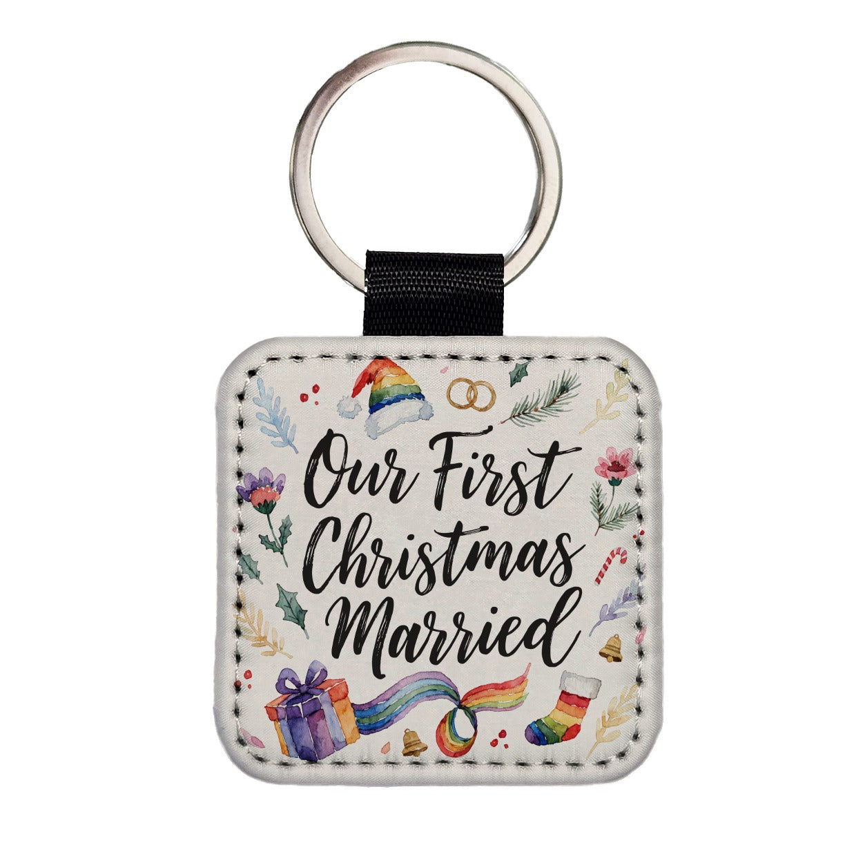 First Christmas Married Wedding Pride LGBTQ Square Faux Leather Keychain