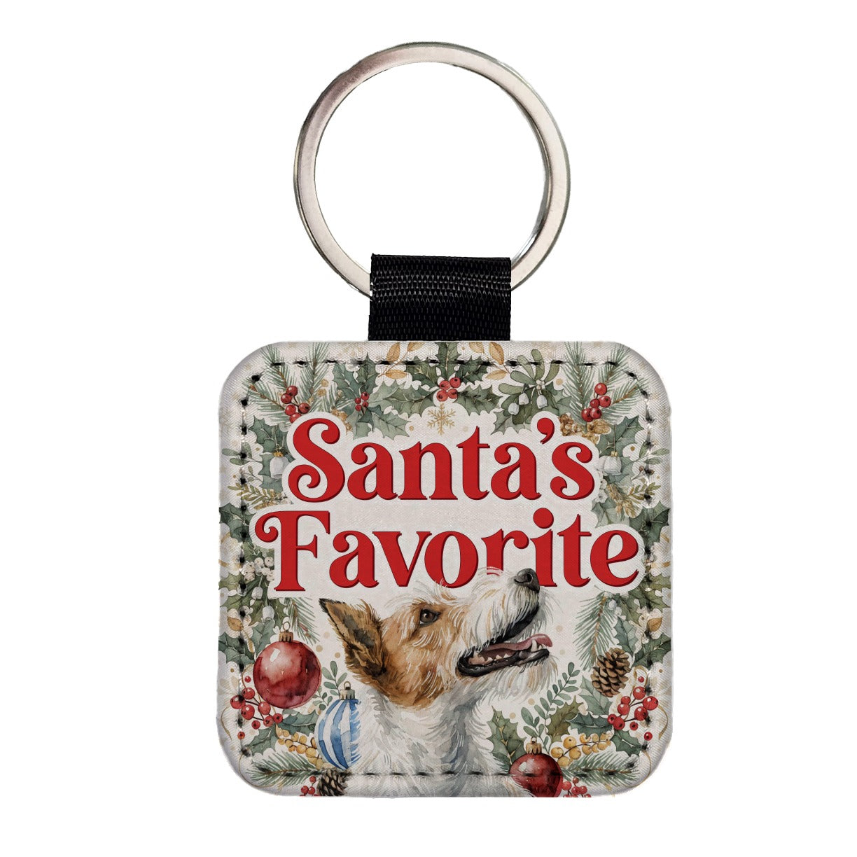 Fox Terrier Dog Christmas Santa's Favorite Square Faux Leather Keychain