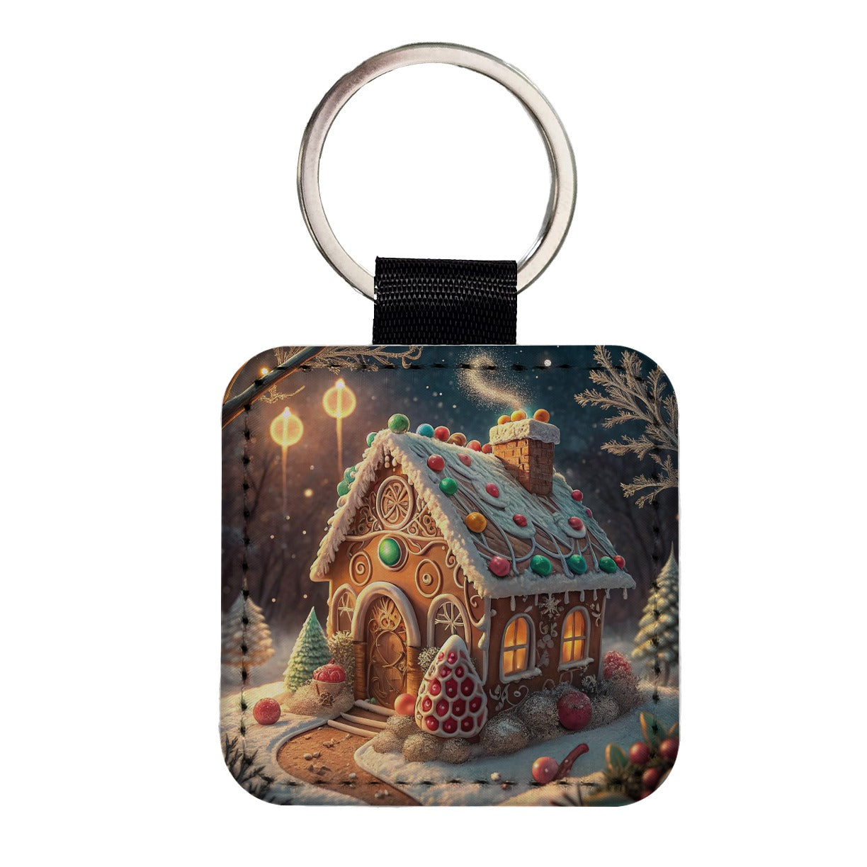 Gingerbread House Christmas Fancy Square Faux Leather Keychain